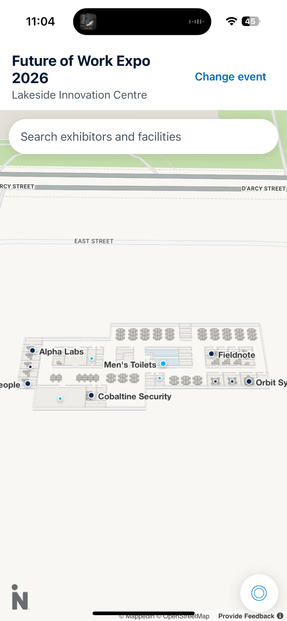 Venue map with exhibitors and facilities labelled